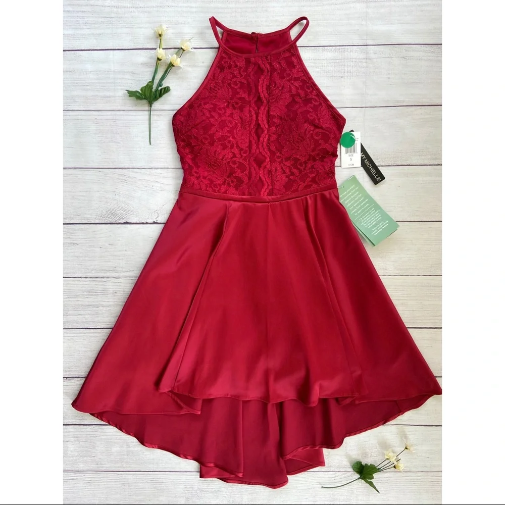 My Michelle Dresses | My Michelle High-Low Satin High Neck Lace Dress | Color: Red | Size: 4 | Leslie5181's Closet